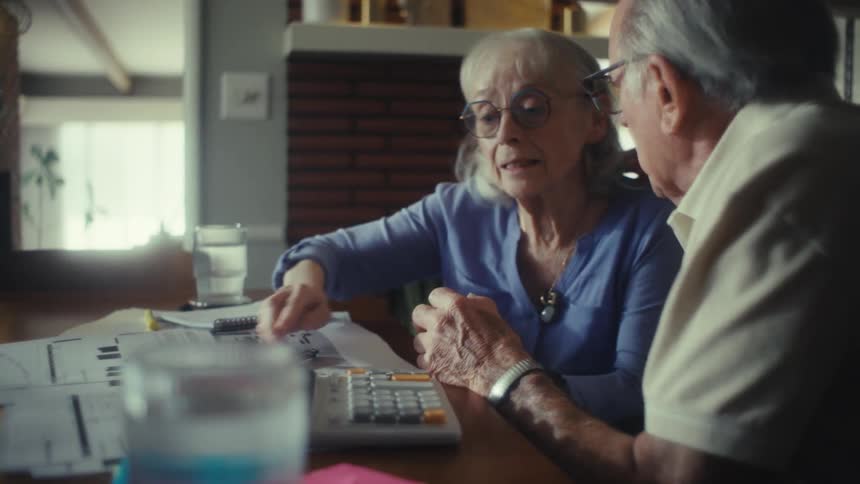 An elderly couple both wearing glasses sits at a dining table with documents spread out as the man punches numbers into a calculator and the result surprises them both at midday