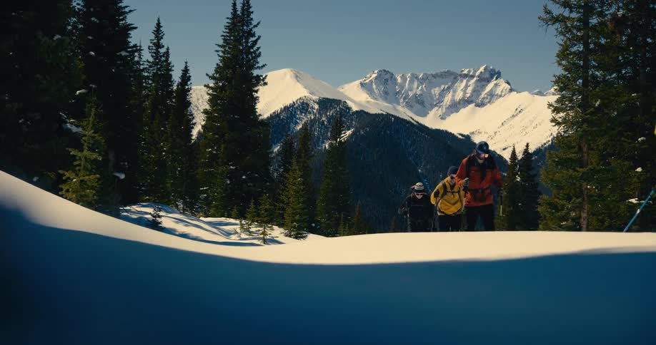 A group of people walks through snow in a mountain environment with pine trees and snowcovered peaks in the background
