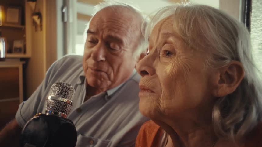 An elderly couple shares a microphone singing and having a good time in their living room at midday