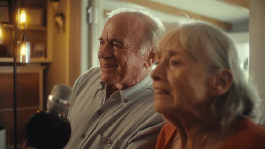 An elderly couple sits in their living room at midday with the woman in a wheelchair and the man beside her both singing into a microphone while laughing and smiling happily as sunlight streams through the window into the room