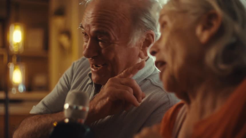 Elderly couple sings happily into a microphone in a cozy setting