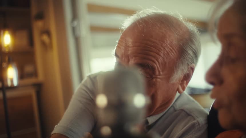 A shot focuses on an elderly couple laughing and talking with one another the shot is focused on their faces highlighting their joy