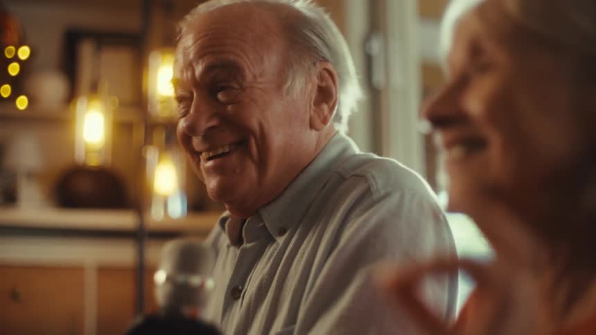 A close view of a smiling elderly man and woman shows them both singing into a microphone with a string of hanging lights and a pendant light visible in the blurry background