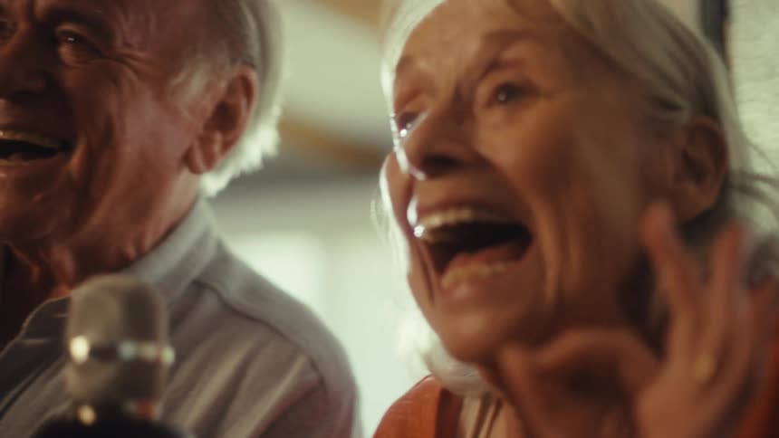 Elderly couple smiles while singing together into the microphone with joy