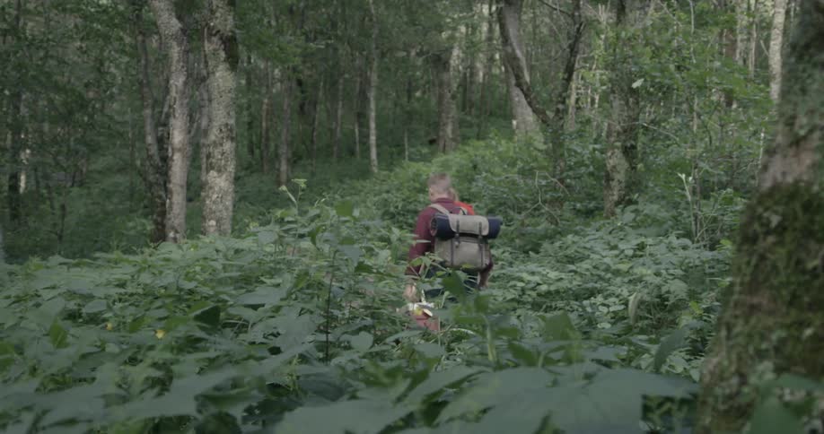 Man and woman hike through the woods carrying backpacks and a cooler