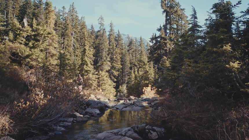 Person jumping on rocks over a lake in the forest