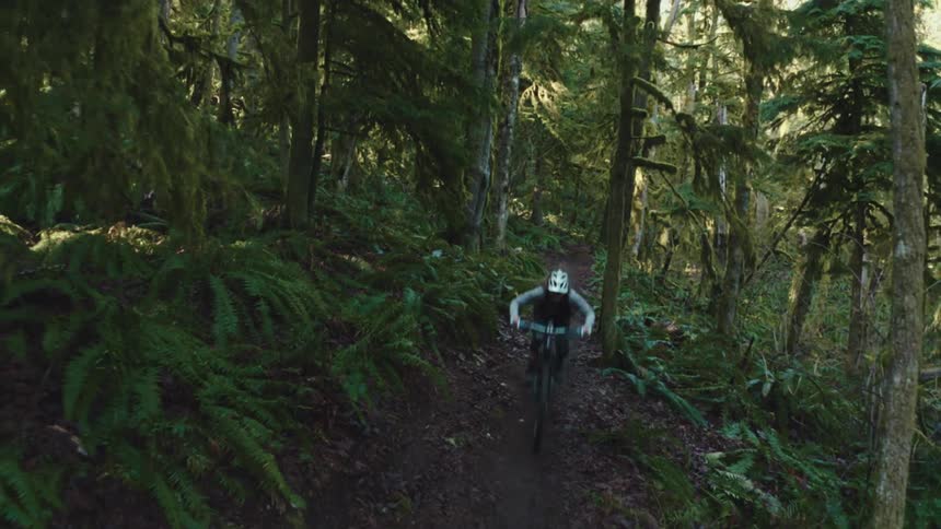 The woman speeds through the forest on her mountain bike
