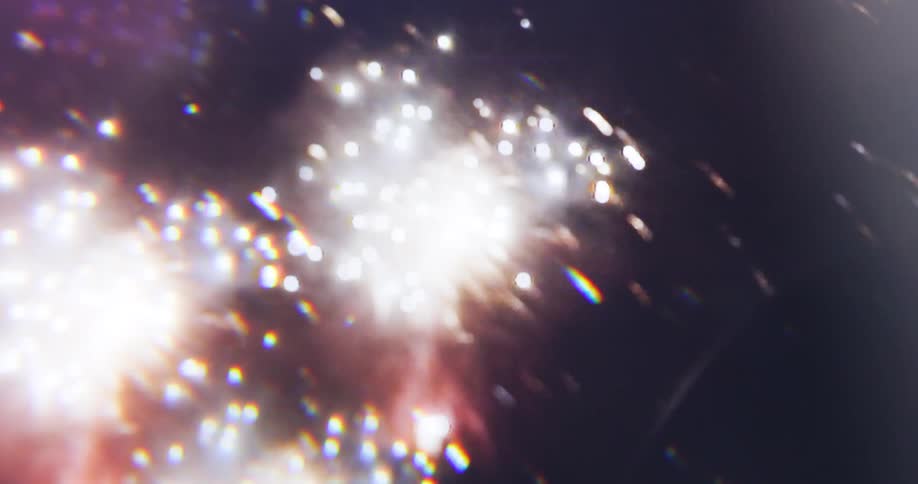 A blurry night scene shows bright streaking lights that appear to be fireworks the camera moves slightly creating a sense of motion in the light trails