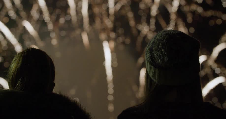 The two women watch a fireworks show at night