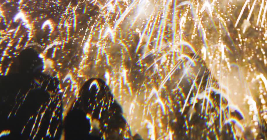 The crowd watch the flashes in the night sky from fireworks