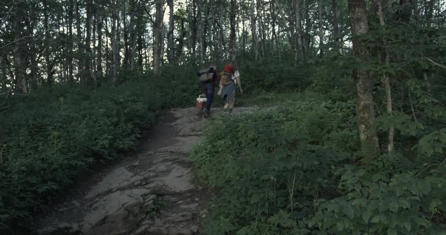 Two people hike up the hill into the forest