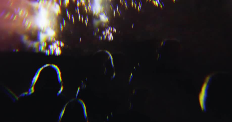 A group of people outdoors at night watches fireworks in the sky illuminating the atmosphere