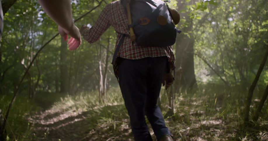 A man in a plaid shirt carries a backpack with an axe strapped to it while hiking through a sunlit forest with another hiker behind him