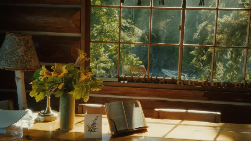 Giraffe figurines line the window sill in a rustic cabin in the woods