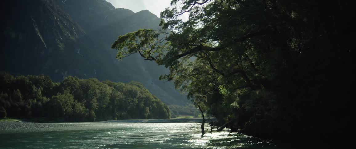 River surrounded by trees and mountains lit by the soft sunlight