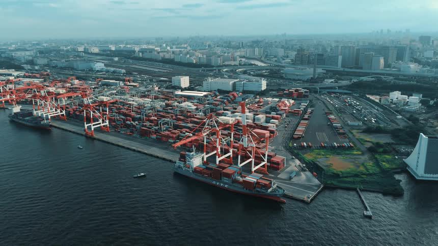 A vast industrial port features multiple container ships docked numerous cranes and large stacks of shipping containers all set against a distant cityscape and a cloudy sky