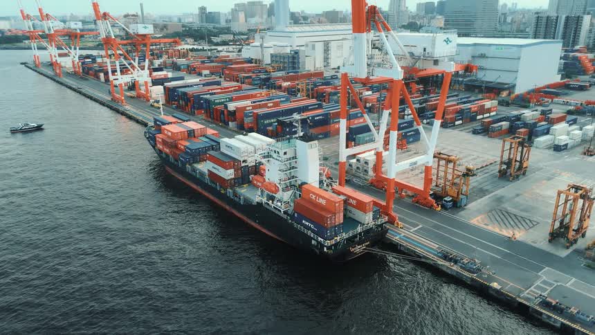 A cargo ship loaded with containers is docked in the harbor of a seaport at midday with a row of cranes lining the shore and stacks of cargo containers neatly arranged across the port
