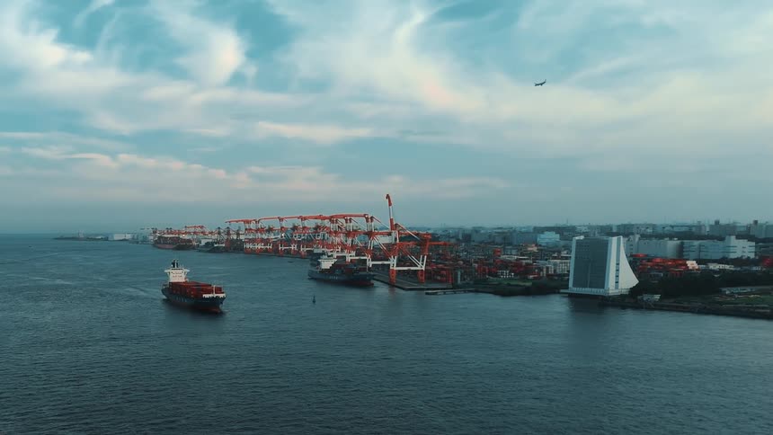 Cargo ships move in and out of a harbor lined with towering cranes and city buildings under a cloudy sky