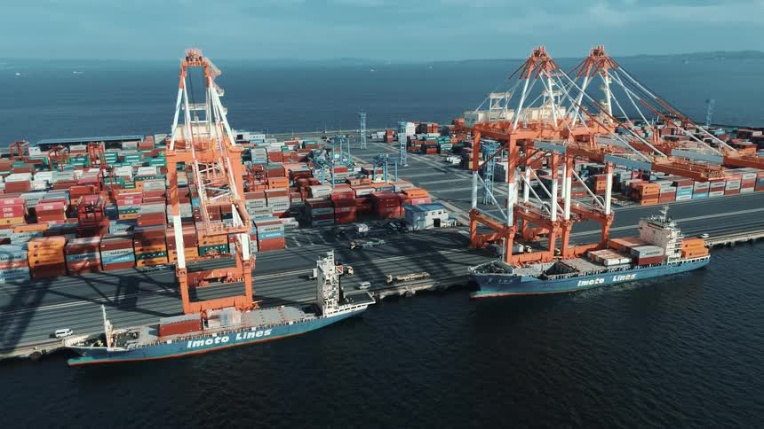 An aerial view of a busy shipping port shows two large cargo ships docked and being loaded multiple massive orange cranes are actively moving shipping containers and a vast number of containers are stacked in the background