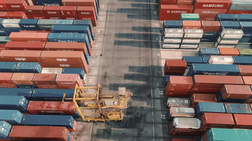 Aerial view of containers in a logistics port