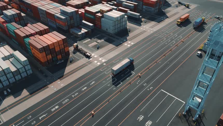 This video provides a highangle aerial view of a busy shipping port the footage shows multiple trucks navigating marked lanes between enormous stacks of colorful shipping containers