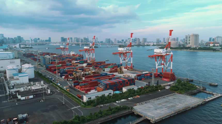 Aerial panorama of a port with a city in the background