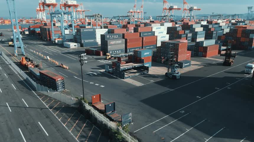 Trucks move between cranes and stacks of containers in a busy cargo port