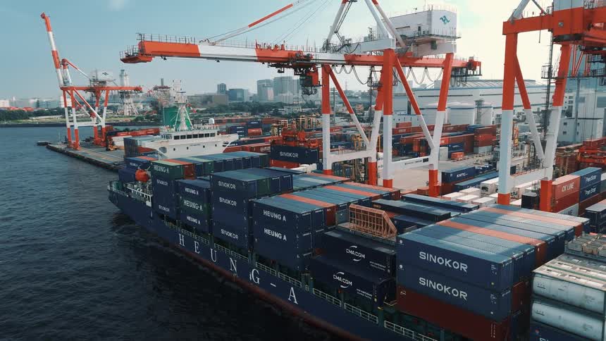 Ship with containers attacked in a port