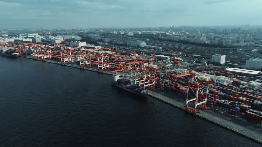 Aerial view of a port with containers and ships