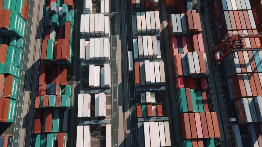 Aerial view of a port with containers