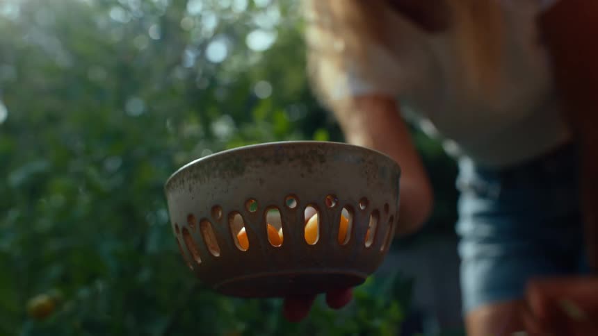 Mother and daughter gather produce from their garden during the daytime