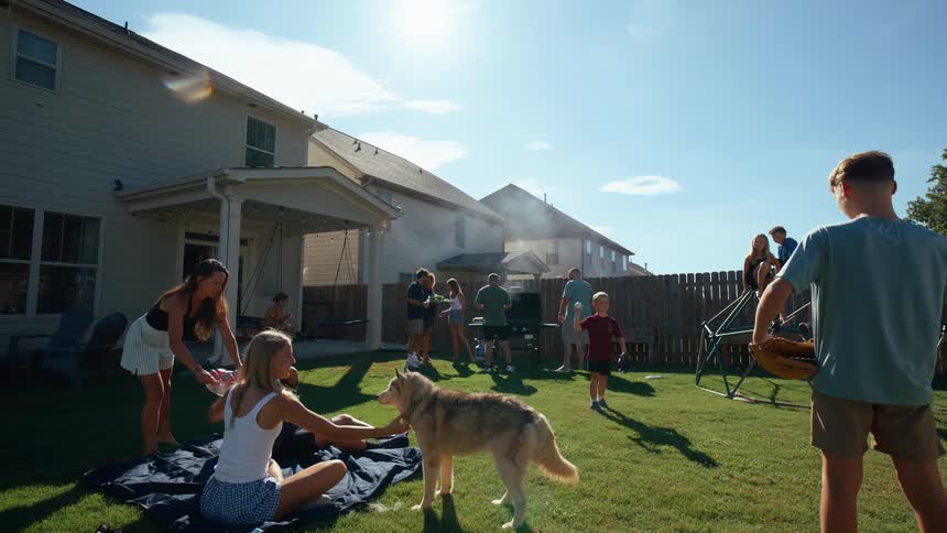 Family and friends enjoy a fun midday in the backyard with kids teens and a pet dog men gather around the grill while two women sit on the grass petting the dog two kids play baseball on the lawn