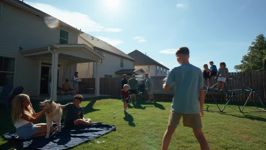 Friends and family gather in a backyard on a summer day two kids toss a baseball on the lawn while other children watch nearby a woman and a child sit on the grass petting a dog and several men stand around a grill