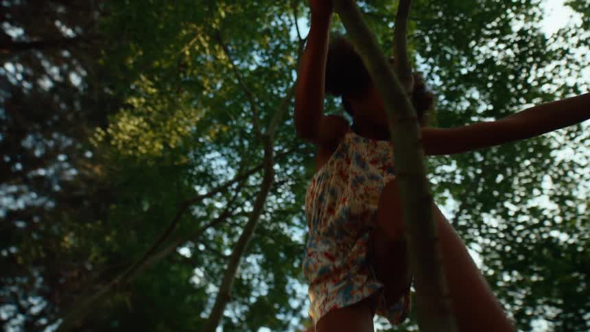 A boy and a girl climb a tree branch in the woods at midday sunlight filtering through the leaves above them
