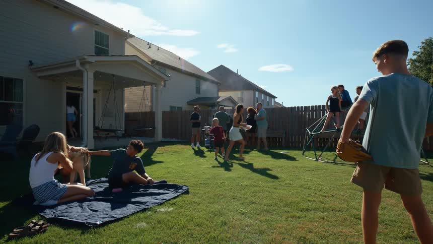 A group of men women and children are gathered in a sunny backyard with a puppy with some people sitting on a blanket others playing with a dog and some climbing on a geodesic dome