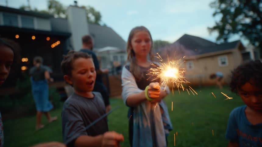 A group of children stand outdoors and hold lit sparklers