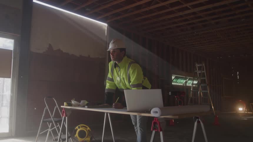 A male construction worker wearing a hard hat and reflective vest works at a laptop and blueprints on a portable desk inside a dusty unfinished building with sunlight streaming in through the roof