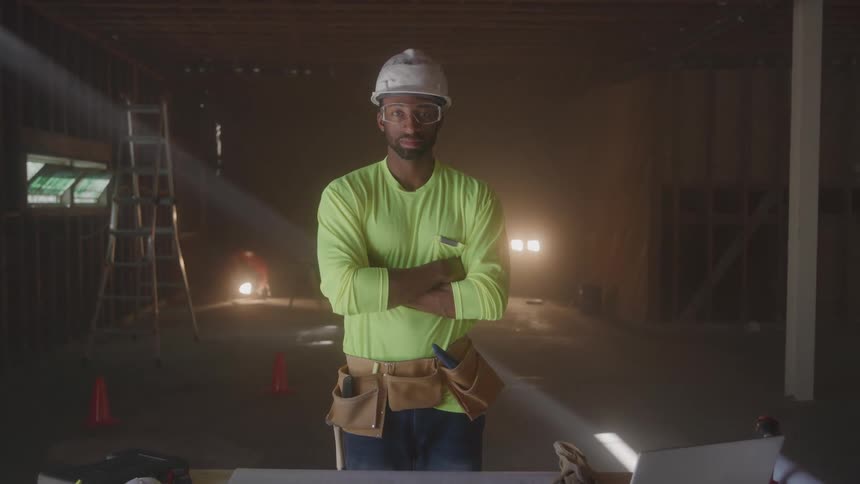 A confident construction worker stands with his arms crossed in a dusty unfinished room he is wearing a hard hat safety glasses a neon yellow longsleeved shirt and a tool belt