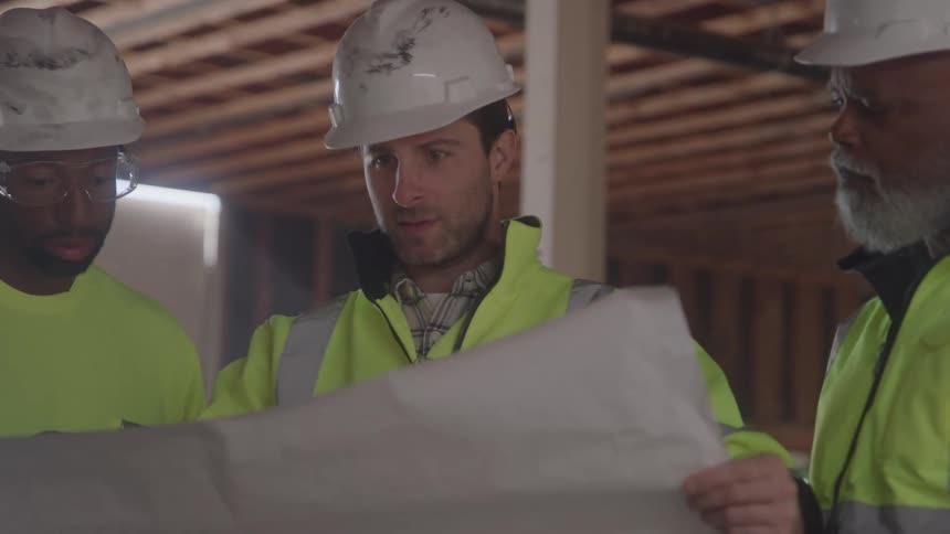 Three men in helmets and vests working on a project