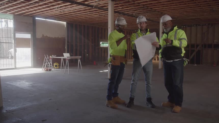 Three engineers analyze a construction site holding a project