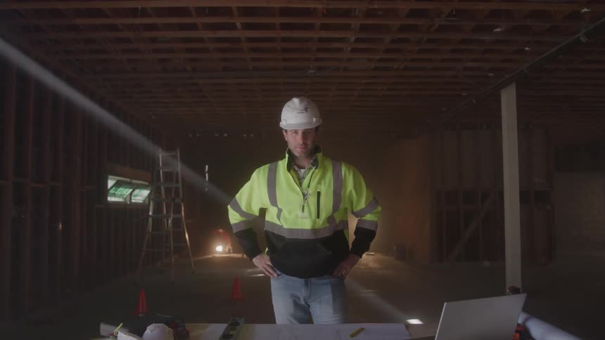 The construction worker stands by his laptop