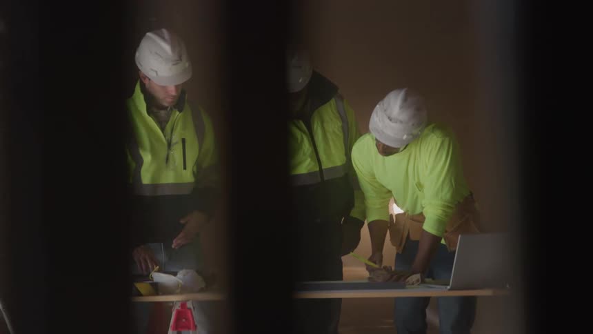Three men working on a table with a civil works project