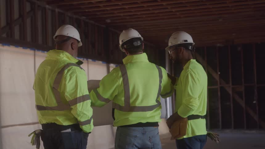 Three men in vests and helmets on a construction site