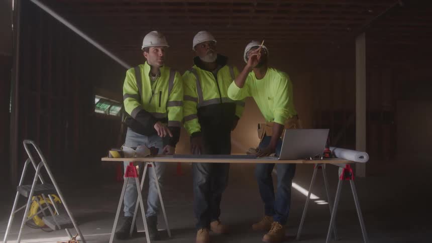 Three men examine the interior of a civil engineering project