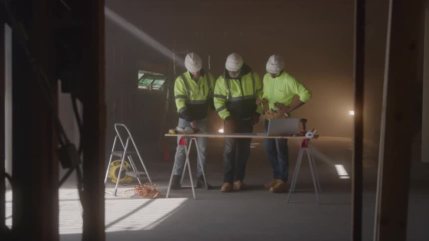 Three male civil engineers working on a project in an interior space of a construction site