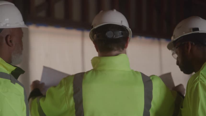 Three male construction workers wearing hard hats and reflective vests stand with their backs to the camera looking at blueprints in a building under construction