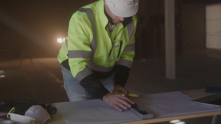 Construction worker wearing a green vest and hard hat drawing on a piece of paper with a pen and a drawing tool