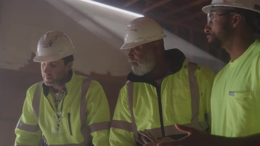 Three male construction workers are talking and looking up at something in an unfinished building with light from the ceiling filtering through the dusty air