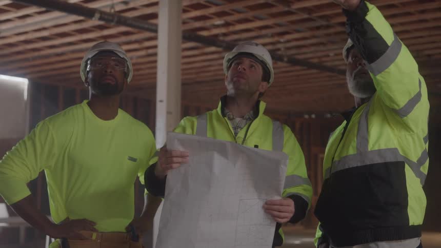 The construction workers look at blueprints and talk