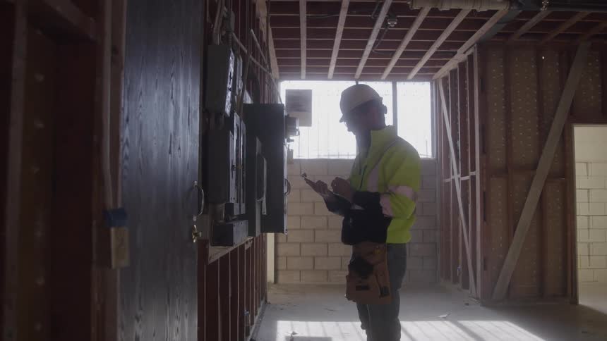 A male construction worker wearing a white hard hat and yellow reflective jacket stands and writes on a clipboard next to an electrical box in a building under construction with bright light coming from windows in the background